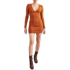 NWT Forever 21 Ruched V-Neck Mini Dress Burnt Orange Long Sleeve Bodycon Rust